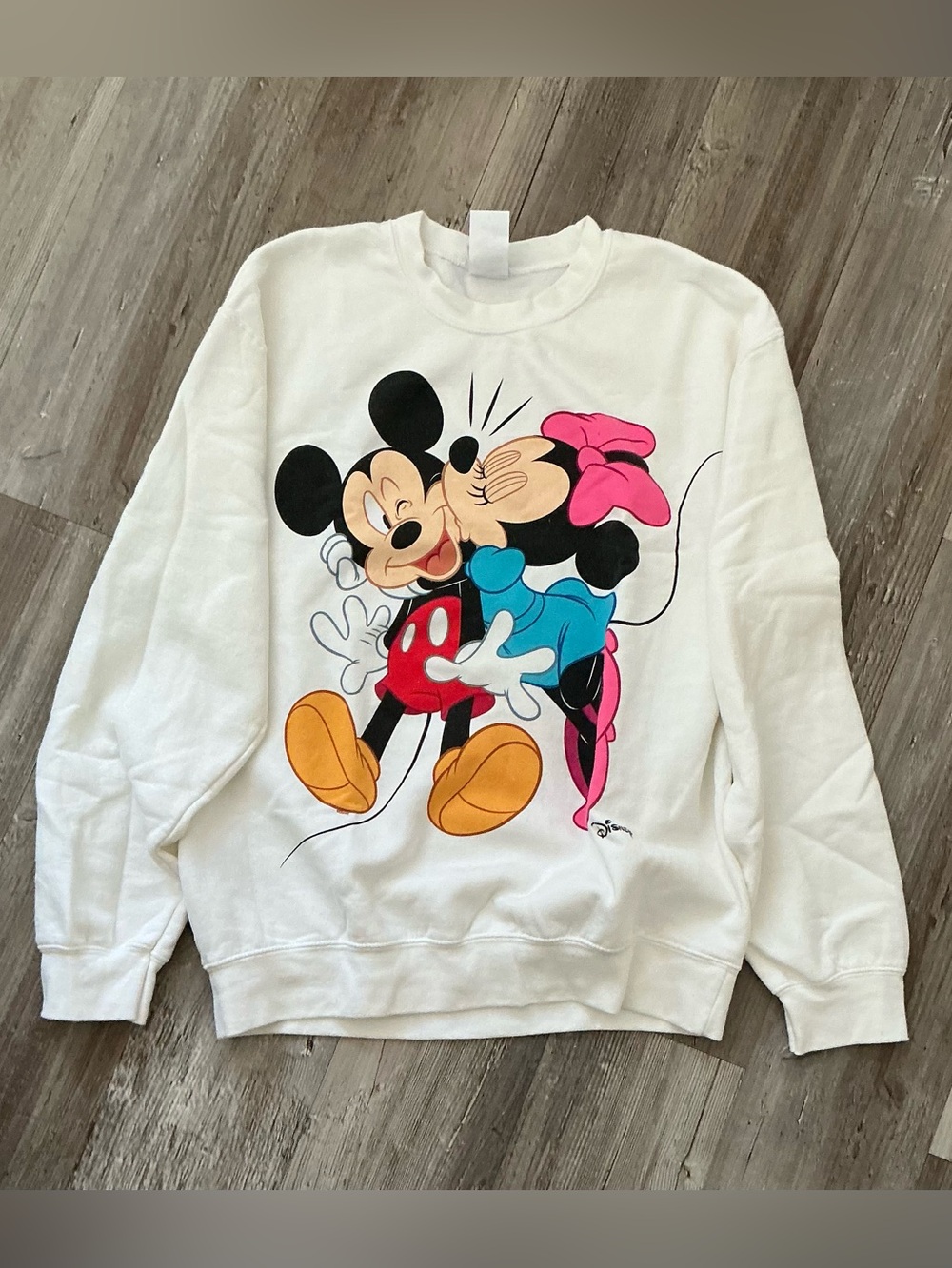 NWOT Food Junk White Crewneck Sweatshirt with Mickey & Minnie Kiss Graphic